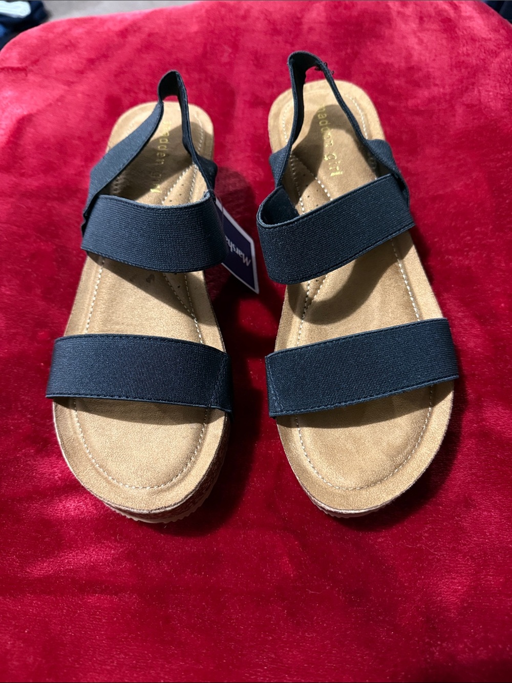 Madden Girl Black Elastic Strap Sandals with Tan Footbed